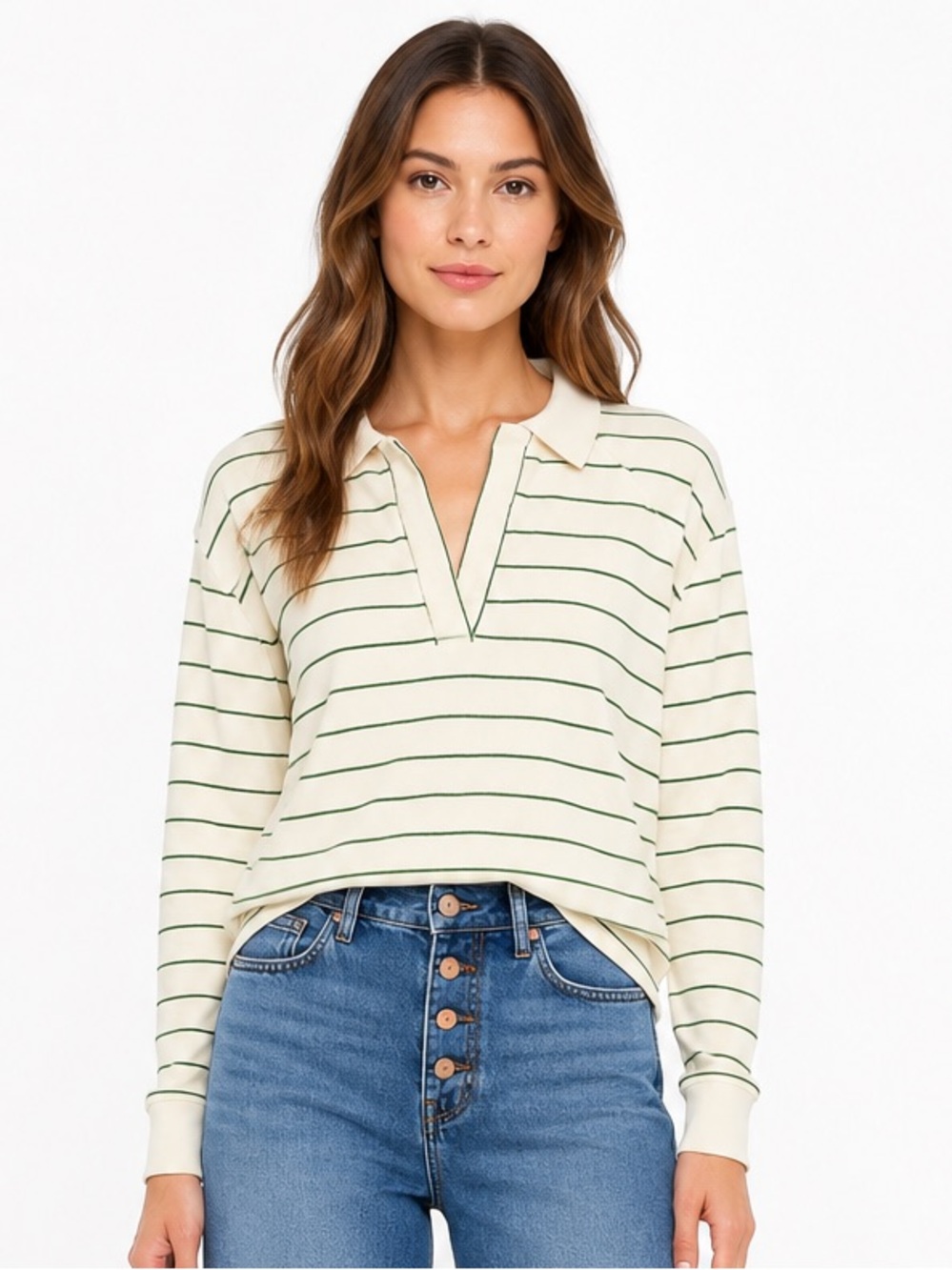 Madewell Green Stripe Collared Sweatshirt Pullover Cream Cozy Preppy‎ Top Small